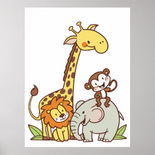 Poster Animais de Desenho Animado Fofos – Girafa, Leão & 