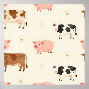 Poster Animais de Fazenda Aquarela Padrão Fofo