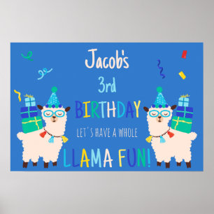 Poster Animais de Festa Llama Aniversário Meninos Azul