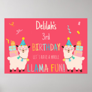 Poster Animais de Festa Llama Garotas de Aniversário Rosa