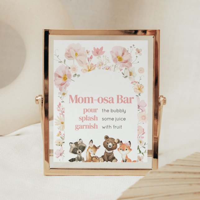 Poster Animais De Floresta Floral Rosa, Bar Mãe-Osa (Pink Flower Woodland Animals Baby Shower Mom Osa Bar Sign)