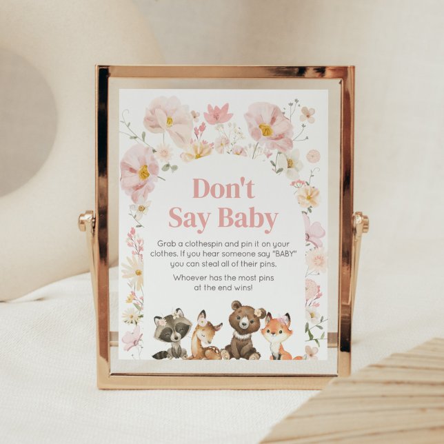 Poster Animais de Floresta Floral Rosa Não Digam Bebê (Pink Flower Woodland Animals Baby Shower Don't Say Baby Sign)