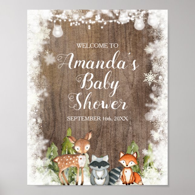 Poster Animais de inverno Madeira Flocos de neve Chá de f (Frente)