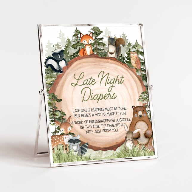 Poster Animais De Madeira Fatia De Madeira Fraldas Noturn (Boy Woodland Animals Baby Shower Late Night Diapers Sign)
