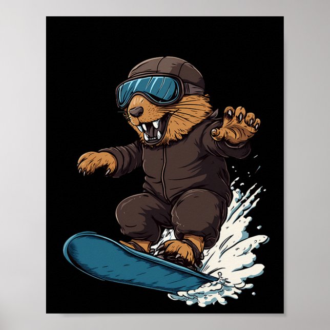 Poster Animais De Snowboard - Castor Num Snowboard Snowbo (Frente)