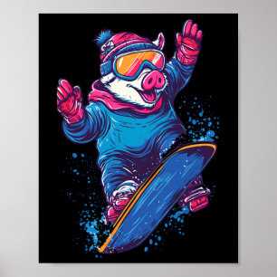 Poster Animais De Snowboard - Porco Num Snowboard
