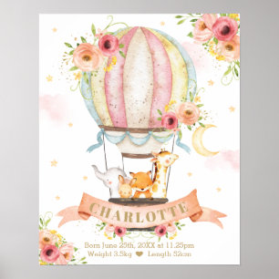 Poster Animais do Balão de Ar Quente Floral Rosa,