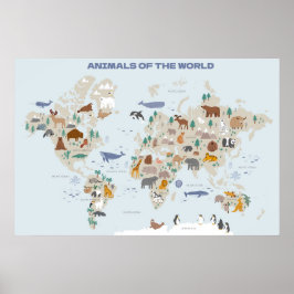 Poster Animais do Mapa Mundial para a Sala de Nursery ou