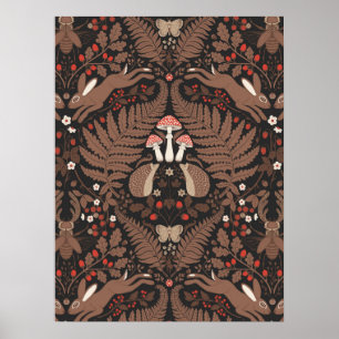 Poster Animais e plantas da floresta em vermelho e marrom