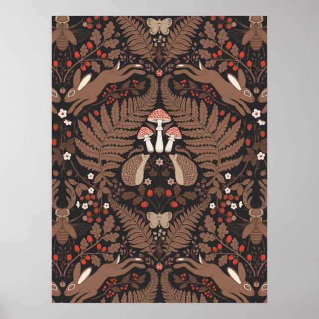 Poster Animais e plantas da floresta em vermelho e marrom (Frente)