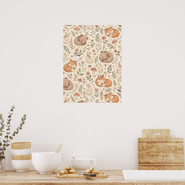 Poster Animais Florestais Adormecidos Fofo Padrão Boho (R (Cozinha)