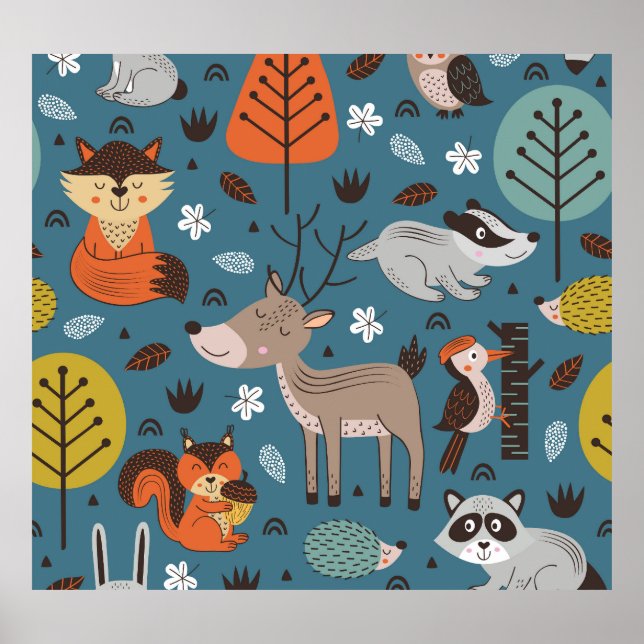 Poster Animais florestais, azul, estilo escandinavo (Frente)