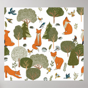 Poster Animais florestais: raposas, padrões de aves