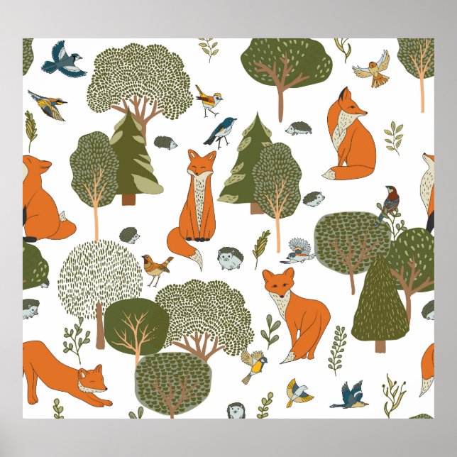Poster Animais florestais: raposas, padrões de aves (Frente)