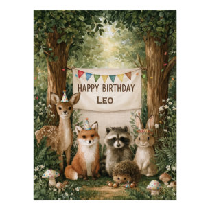 Póster Animais Fofos Celebrando Aniversário com Faixa de