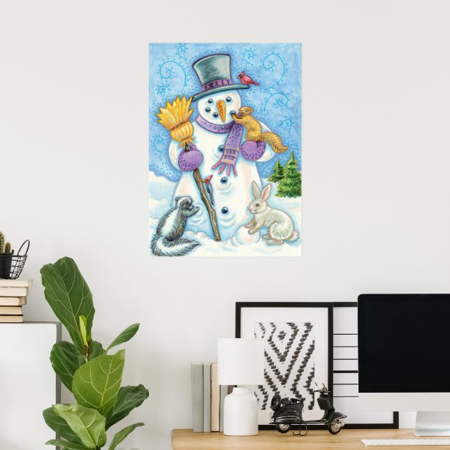 Poster Animais Fofos Construindo um Boneco de Neve para o (Escritório em casa)