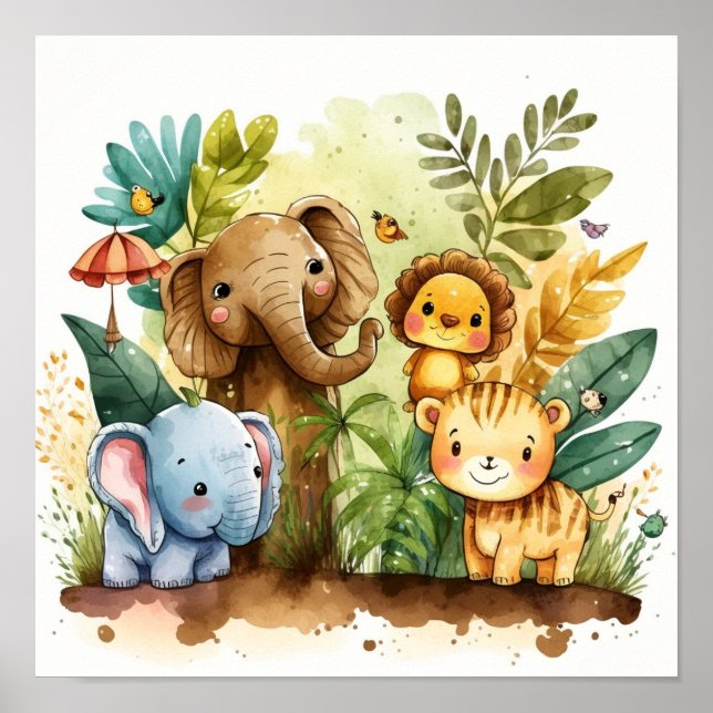 Poster Animais Fofos da Selva Berçário Infantil (Frente)