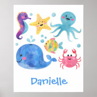 animais marinhos, aquarelas, peixes, baleias