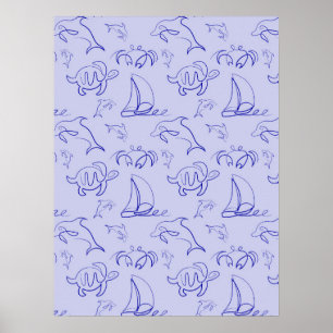 Poster Animais marinhos e padrão de desenho de uma linha 