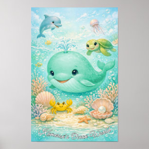 Poster Animais Marinhos Pastel Neutros Baleia Golfinho Ta