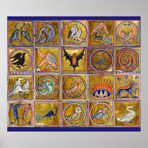 POSTER ANIMAIS MÉDIOS BESTIÁRIOS, FANTÁSTICOS, AZUL VERME