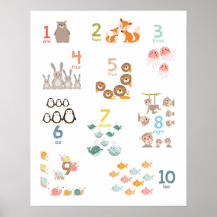 Póster Animais números berçário números quarto das crianç