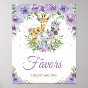 Poster Animais Selvagens Chá de fraldas Floral Roxo Favor