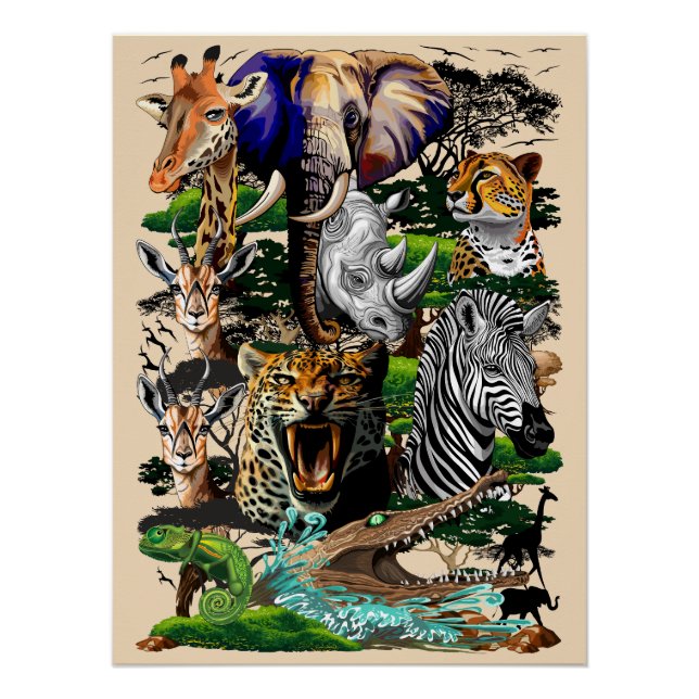 Póster Animais Selvagens da savana africana (Frente)