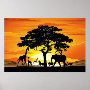 Poster Animais Selvagens no Pôr do Sol da Savana Africana