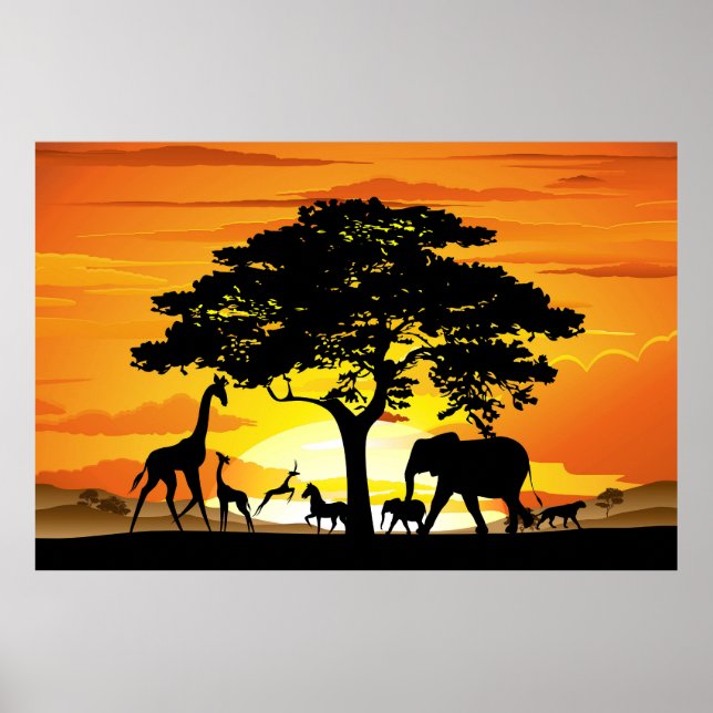 Poster Animais Selvagens no Sunset da savana africana (Frente)