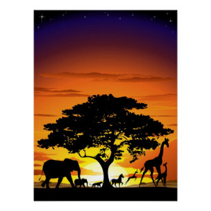 Póster Animais Selvagens no Sunset da savana africana