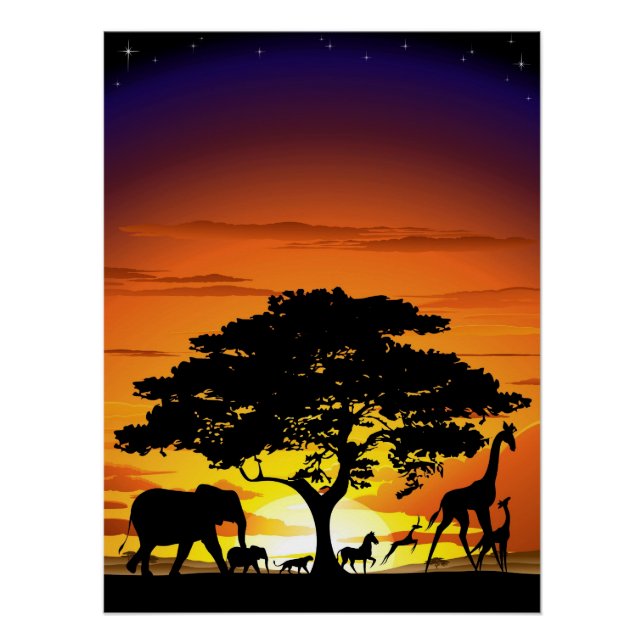 Póster Animais Selvagens no Sunset da savana africana (Frente)