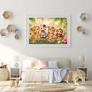 Póster Animais Tropicais Bebês Vibrante Selva