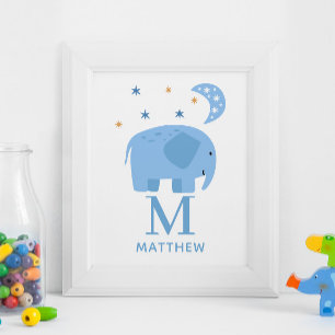 Poster Animal de elefante azul. Namorado de monograma