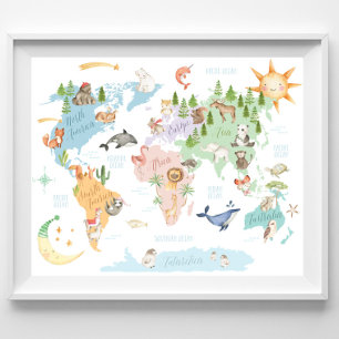 Poster Animal World Map Kids Impressão, Animais do Mundo