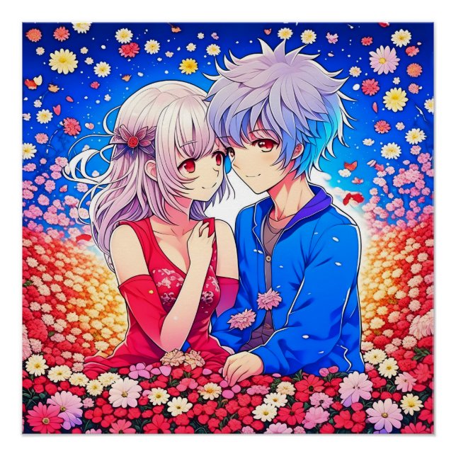 Póster Anime Casal Ama Flores e Corações (Frente)