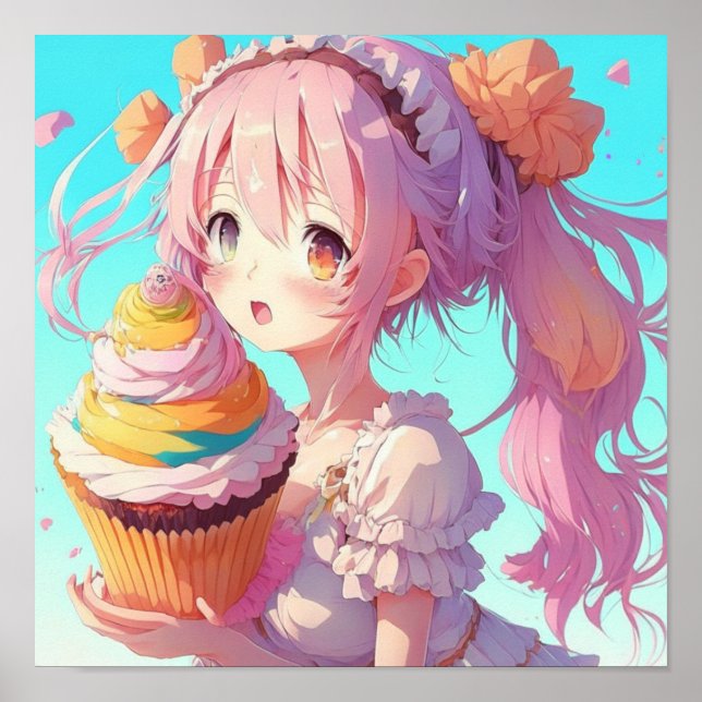 Poster Anime Girl com Cupcake Whimsical (Frente)