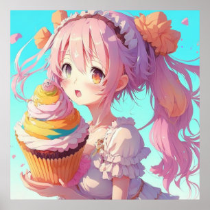 Poster Anime Girl com Cupcake Whimsical