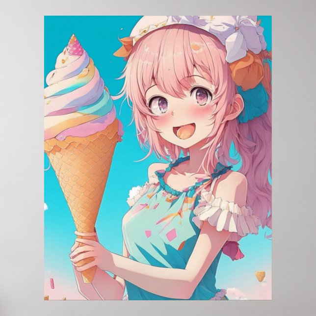 Poster Anime Girl com Whimsical Cupcake (Frente)