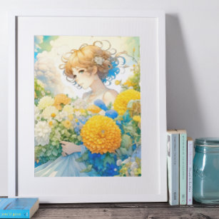 Poster Anime Girl in Yellow and Blue Flowers