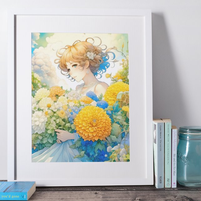Poster Anime Girl in Yellow and Blue Flowers (Criador carregado)