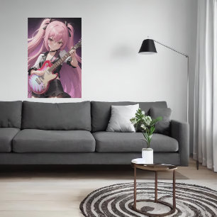 Poster Anime, jovem legal, tocando violão   Arte AI