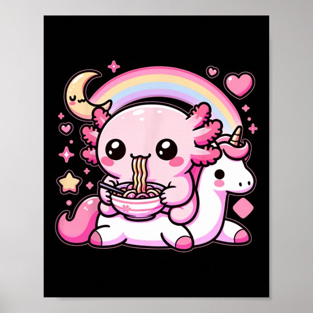 Poster Anime Kawaii Axolotl Comendo Ramen Noodles Tee (Frente)