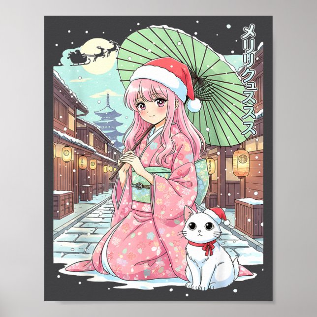 Poster Anime Kimono Girl Christmas Japan Cat Xmas Japan A (Frente)