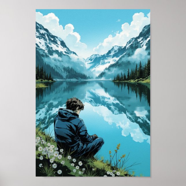 Poster Anime Mountain Lake Serenity Wall Art (Frente)
