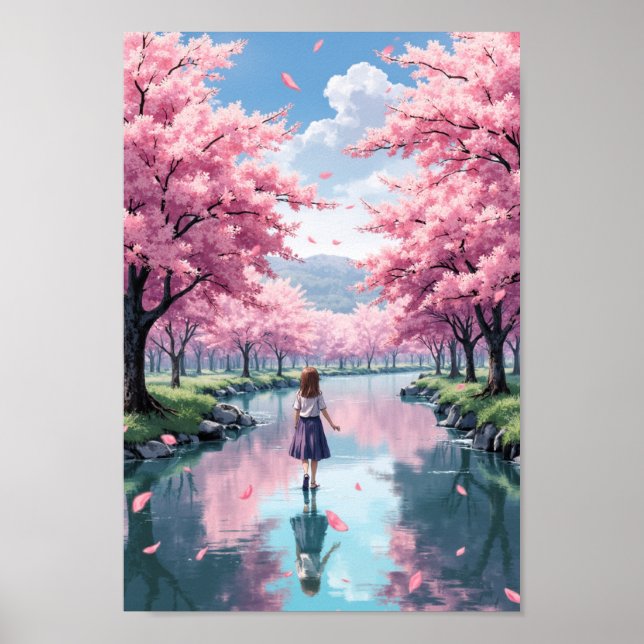 Poster Anime Spring Blossom River Wall Art (Frente)