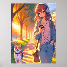 Poster Anime Teenager Ouvindo Música Andando Seu Cão