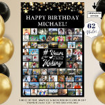 Poster Aniversário 62 Colagem de Fotos # Anos no Fazer<br><div class="desc">Comemore qualquer aniversário de idade para ele ou para ela com um impressão de poster com memórias fotográficas utilizando este modelo de colagem fotográfica fácil de carregar com 62 imagens quadradas e retangulares durante os anos em sua escolha de cores. O design apresenta estrelas e luzes douradas, seu título personalizado...</div>