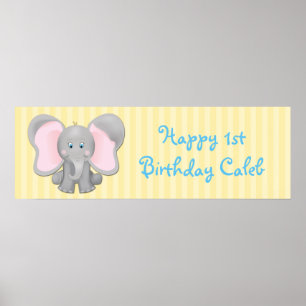 Poster Aniversário bonito do elefante do bebê ou bandei