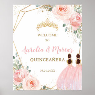 Poster Aniversário comum Blush Floral Quinceañera Twins